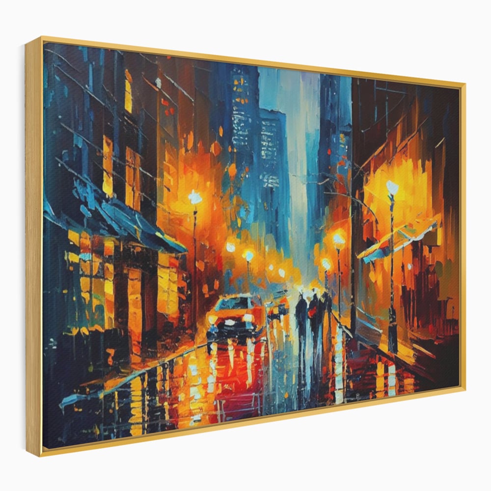 Tablou canvas cu pictura stradala cu oras plouat, in rama de aluminiu auriu